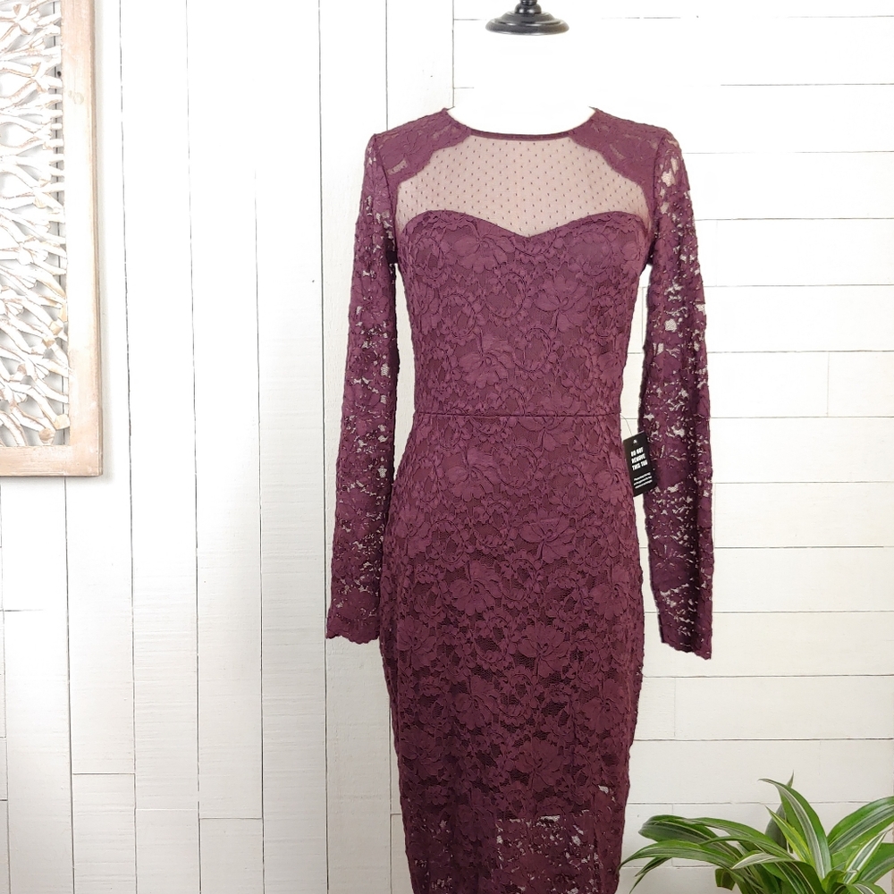 EXPRESS Burgundy Long Sleeve Lace Sheath Dress Size S